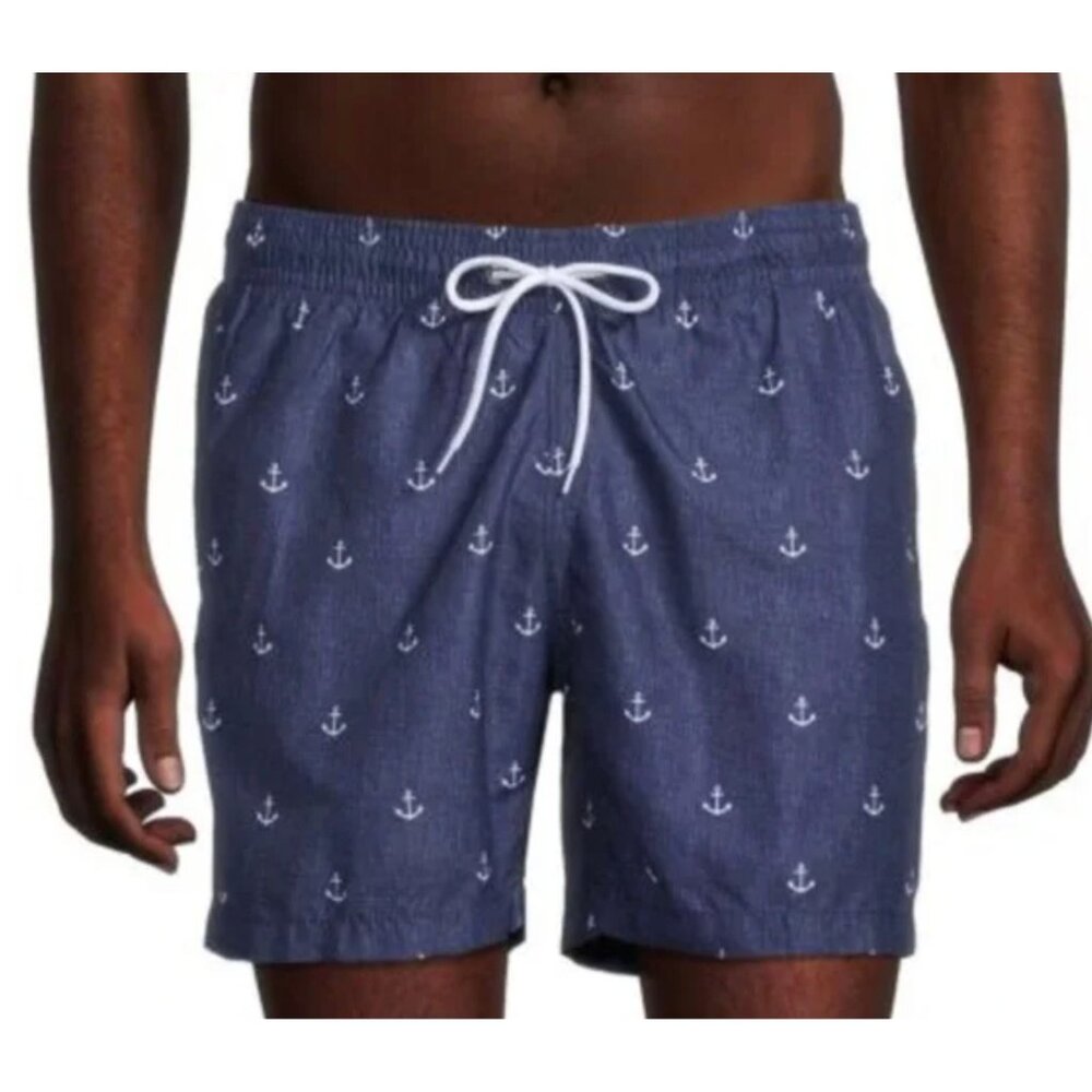 NWT Trunks Surf & Swim Co. Printed Sano Swim Shorts Mens Sm Chambray Anchor AOP